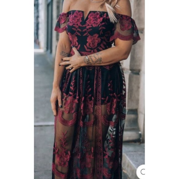 Cloud Ten Canyon Lace Black Romper Dress with Maroon Embroidery Dress Shorts Siz - Picture 4 of 16